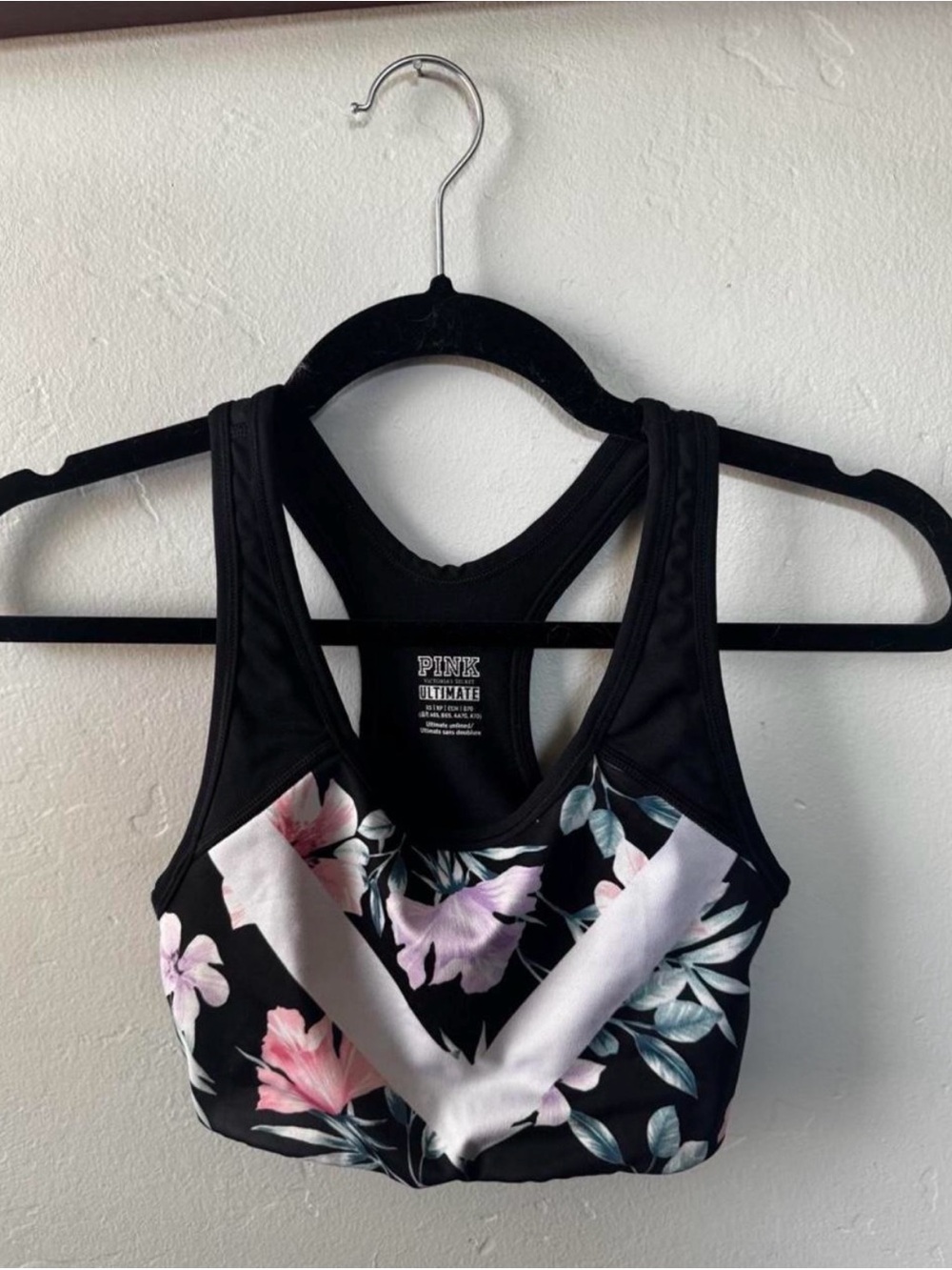 PINK Victoria's Secret Black Floral Racerback Sports Bra with Pink Accents